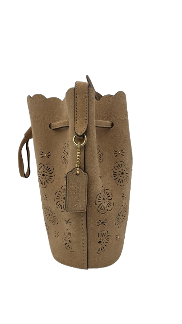 Coach Leather Drawstring Bucket Bag – Tan Perforated Floral – Crossbody Handbag - Used