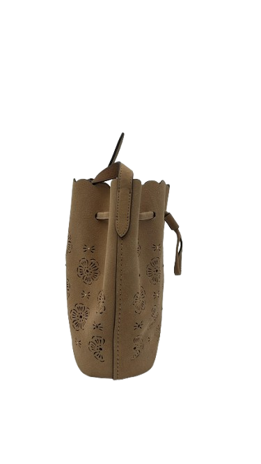 Coach Leather Drawstring Bucket Bag – Tan Perforated Floral – Crossbody Handbag - Used