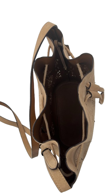 Coach Leather Drawstring Bucket Bag – Tan Perforated Floral – Crossbody Handbag - Used