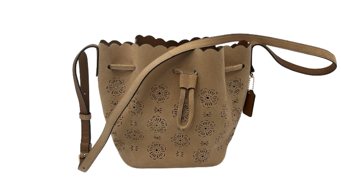 Coach Leather Drawstring Bucket Bag – Tan Perforated Floral – Crossbody Handbag - Used