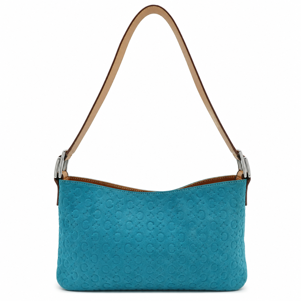 Celine Turquoise Embossed Suede Shoulder Bag with Tan Leather Strap – Pre-Loved Good Condition