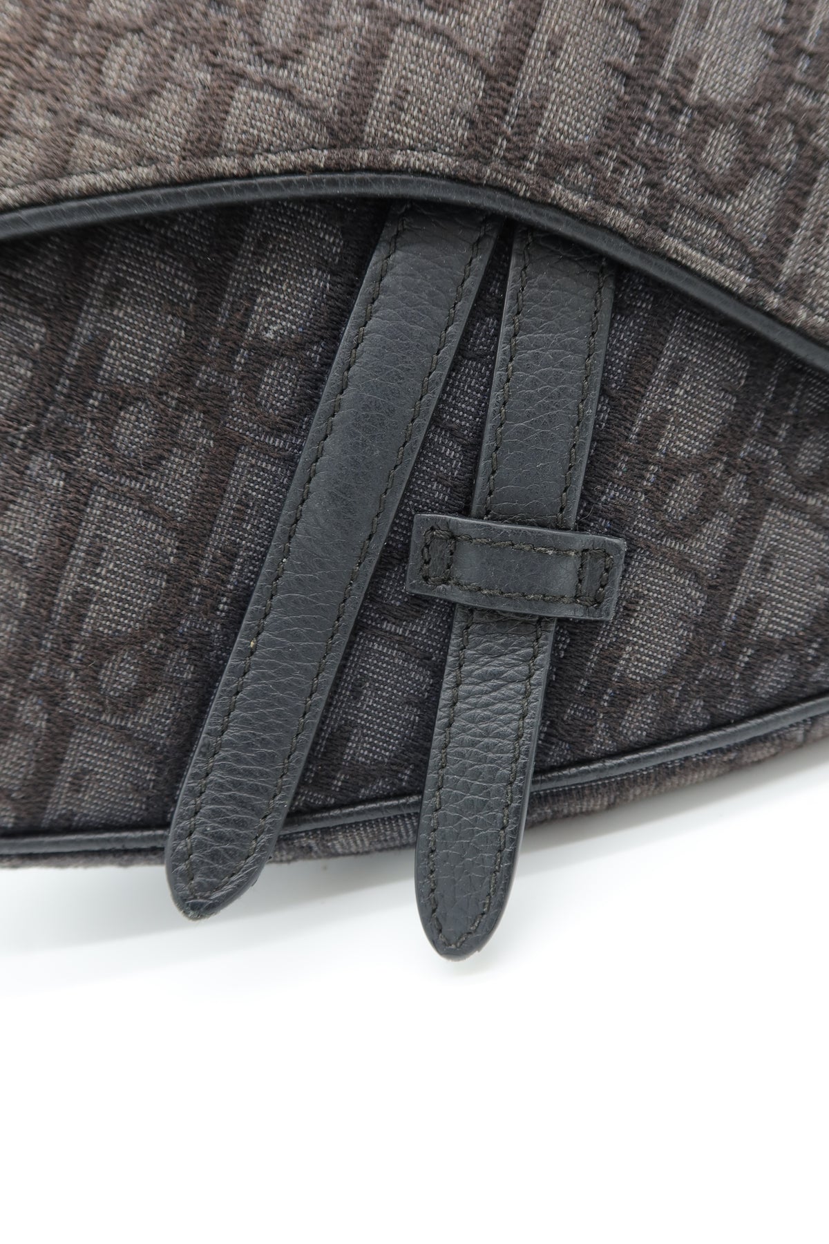 Close-up of a dark monogram patterned bag with dark gray leather strap details and trim on a white background.