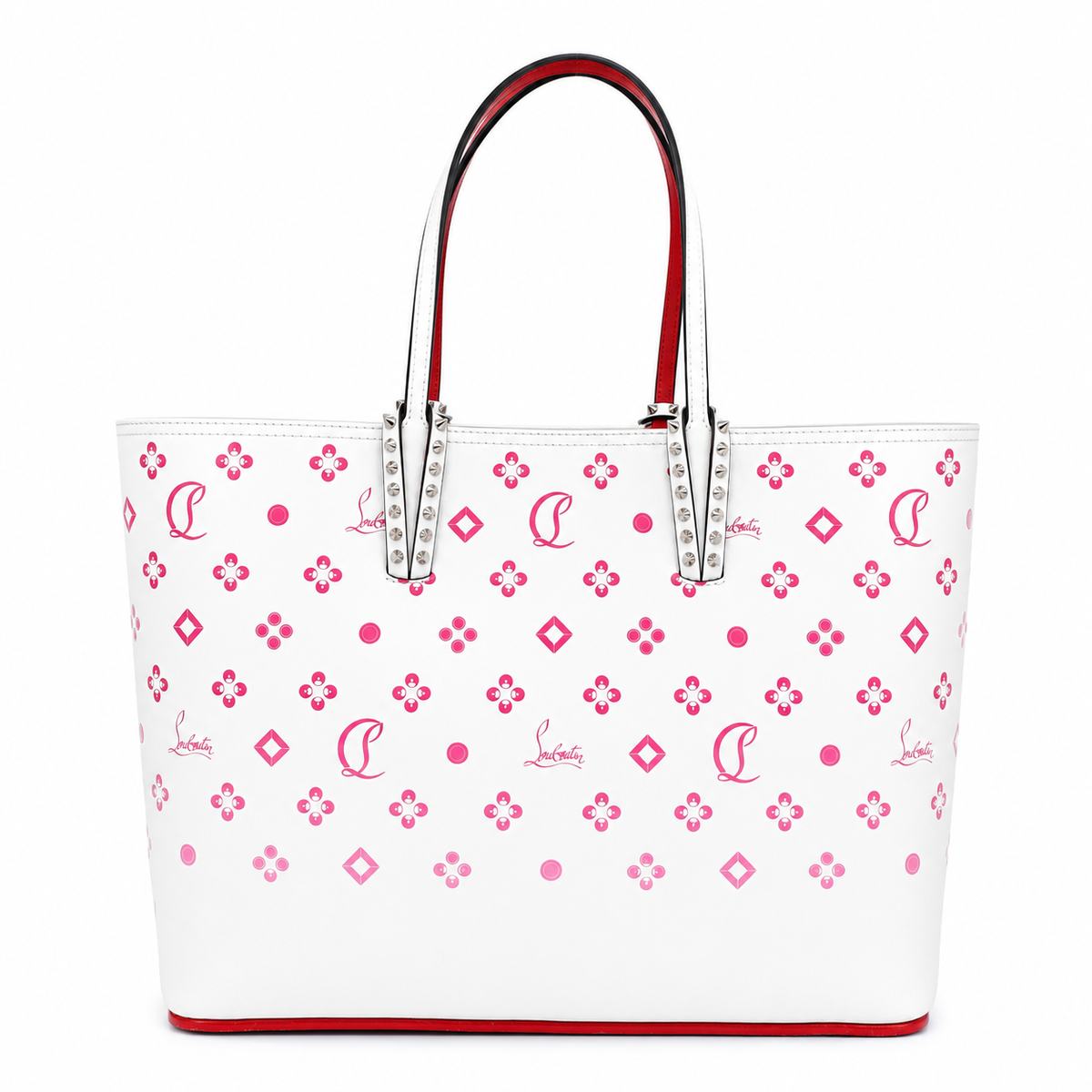 Christian Louboutin White & Pink Logo Print Tote Bag with Studded Handles