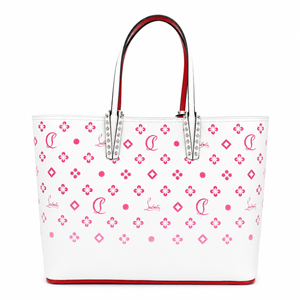 Christian Louboutin White & Pink Logo Print Tote Bag with Studded Handles