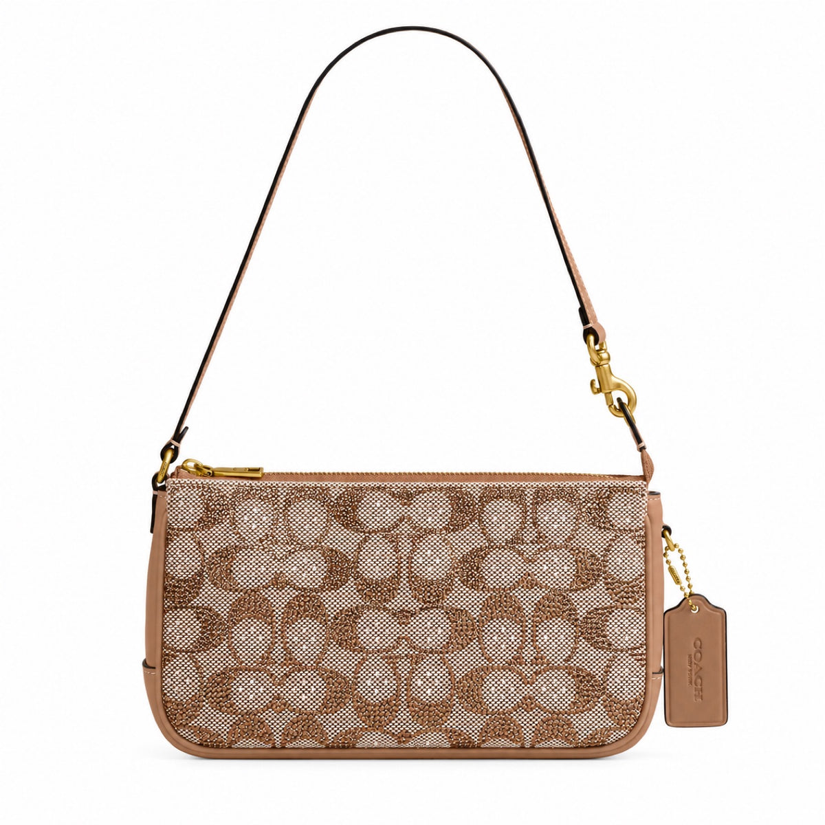 Coach Plaza Mini Shoulder Bag in Crystal Signature Jacquard, front view with shoulder strap