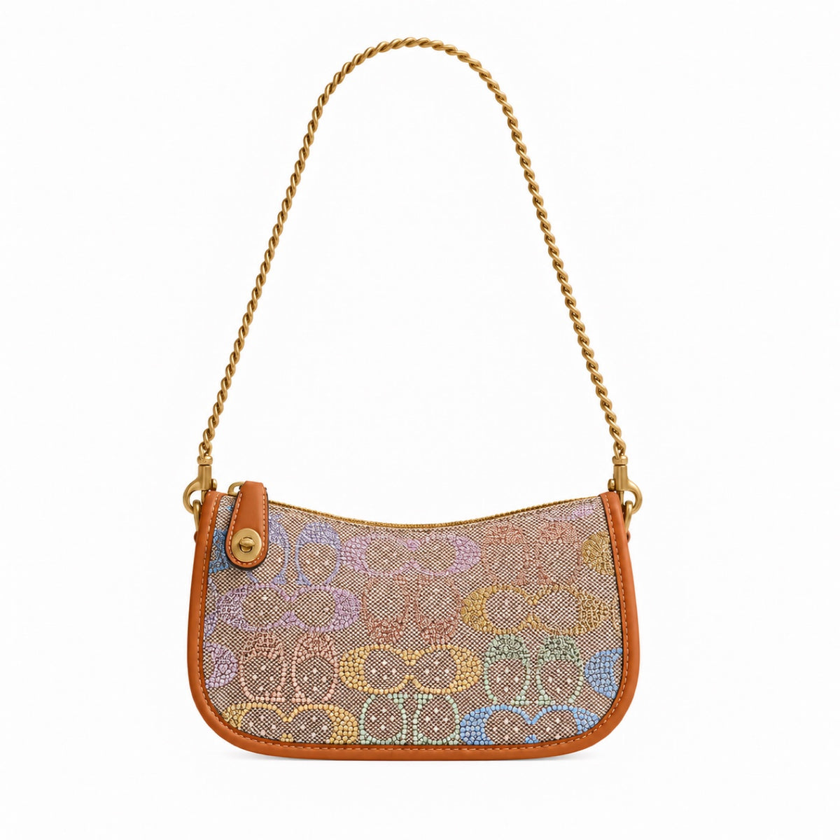 Coach Swinger 20 With Chain in Crystal Signature Jacquard, rainbow ombre, gold chain strap, front view