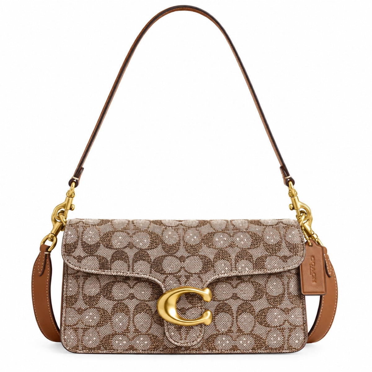 Coach Tabby 26 Shoulder Bag in Crystal Signature Jacquard, front view with signature C closure