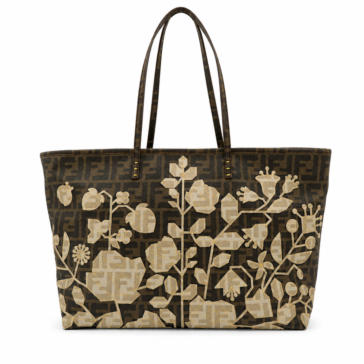 Fendi Zucca FF Monogram Floral Embroidered Tote Bag Brown Beige – Good Condition