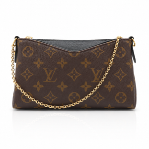 Louis Vuitton monogram canvas shoulder bag with a gold chain strap, shown on a white background.