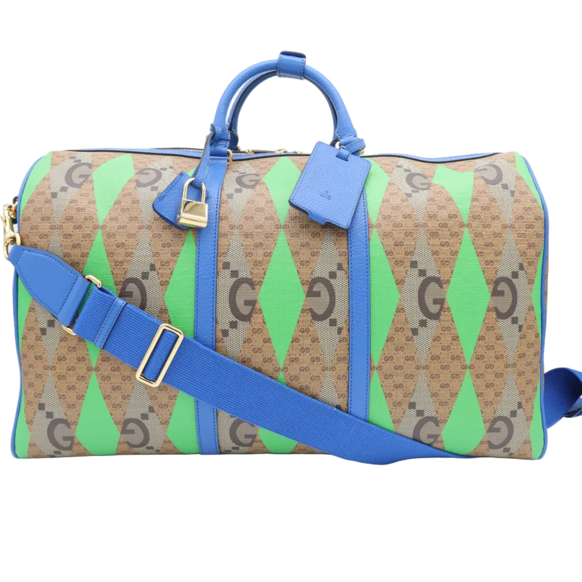 A Gucci duffle bag featuring the brand's classic GG Supreme canvas in brown and green, accented with bright blue leather trim, handles, and strap, and gold-tone hardware.