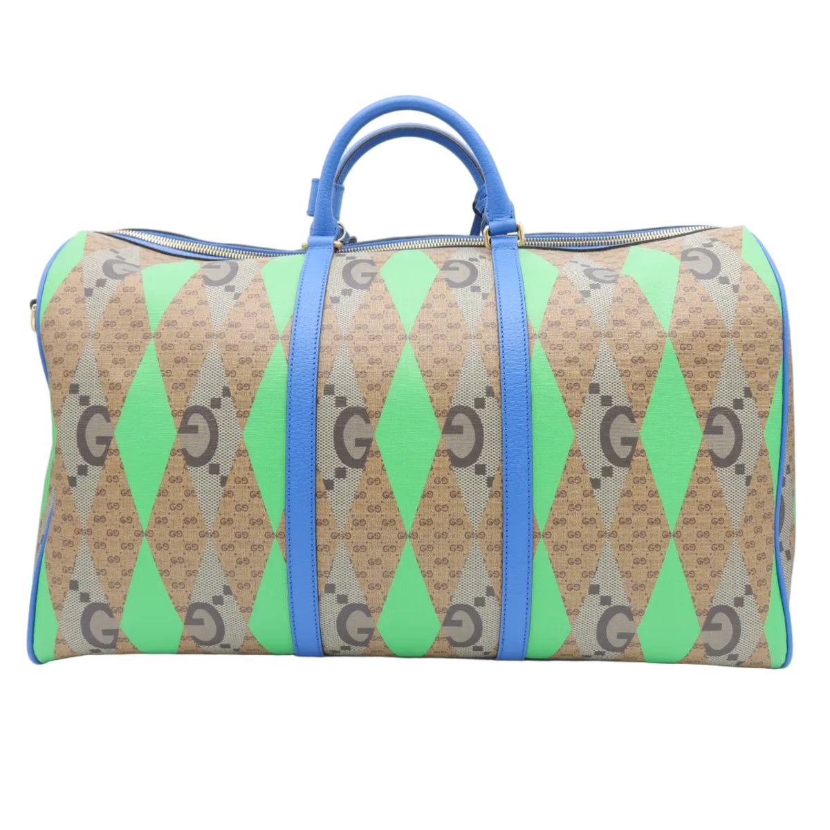 A Gucci duffle bag featuring a green and beige argyle pattern with brown interlocking G logos, accented by bright blue leather handles and trim, set against a plain white background.