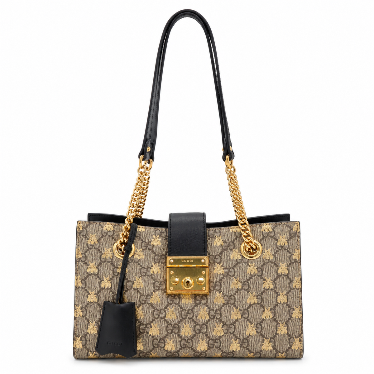 Gucci GG Supreme Bee Padlock Tote Bag Black Leather Gold Chain – a structured shoulder bag featuring a beige and brown