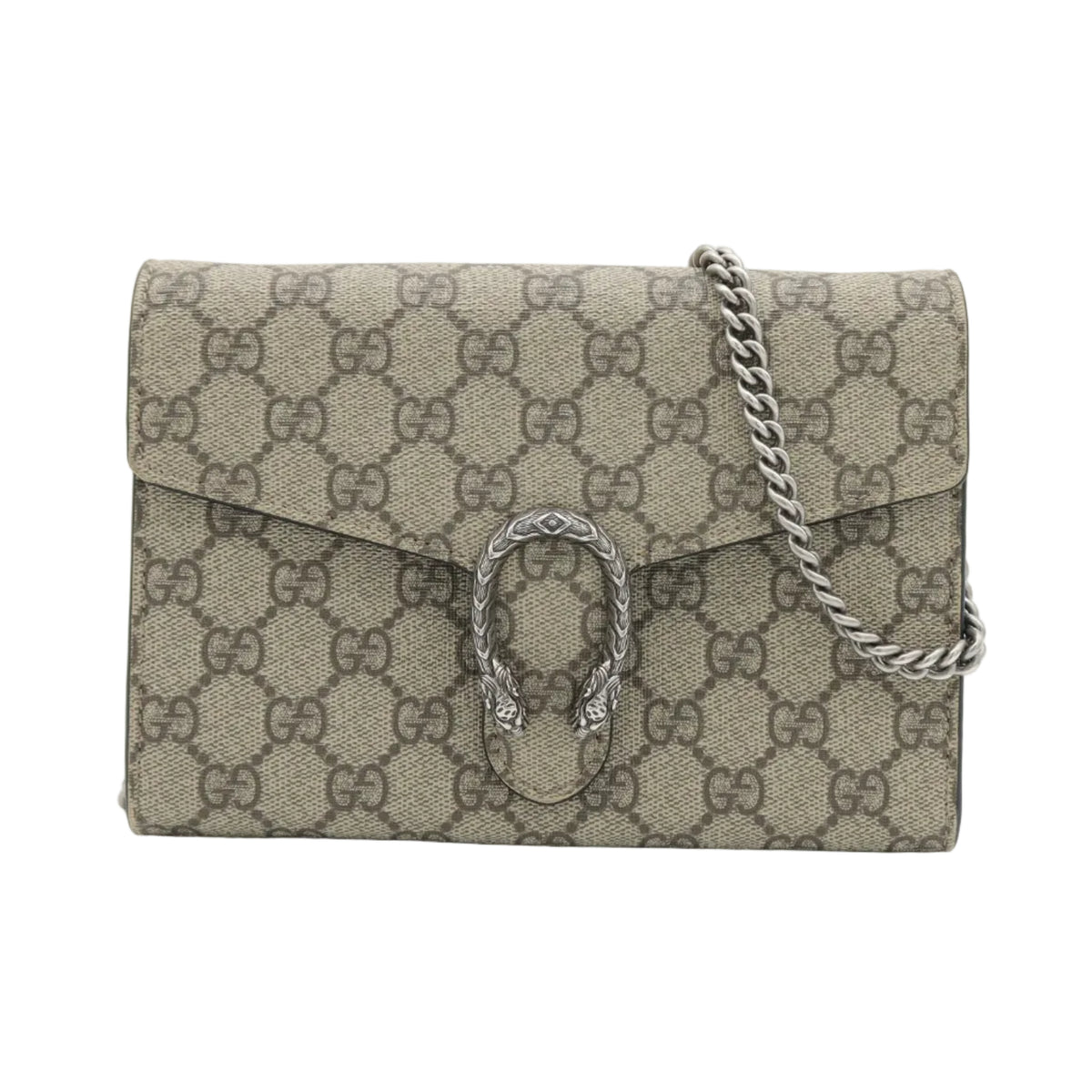 A Gucci Dionysus flap shoulder bag in beige GG Supreme canvas with a silver-tone horsebit clasp and chain strap, shown on a plain white background.