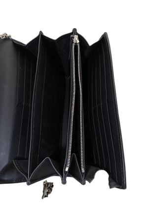 Black leather clutch wallet with multiple zippered compartments and card slots, shown open against a white background.