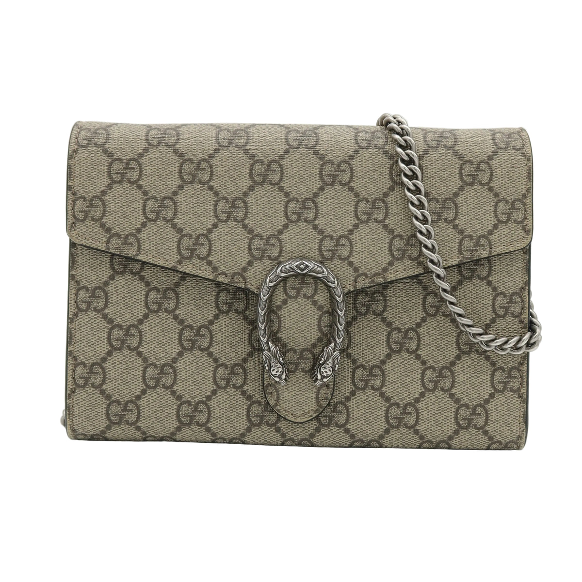A Gucci shoulder bag in beige and brown GG Supreme canvas with a silver-tone horsebit clasp and chain strap, photographed on a light gray background.