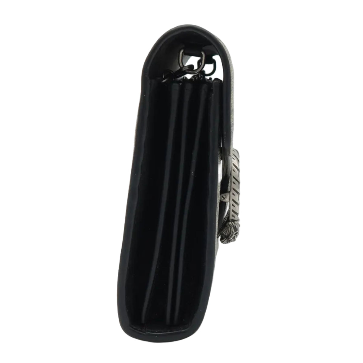 A black leather clutch bag with a silver-tone metal clasp, standing upright on a clear display stand against a white background.