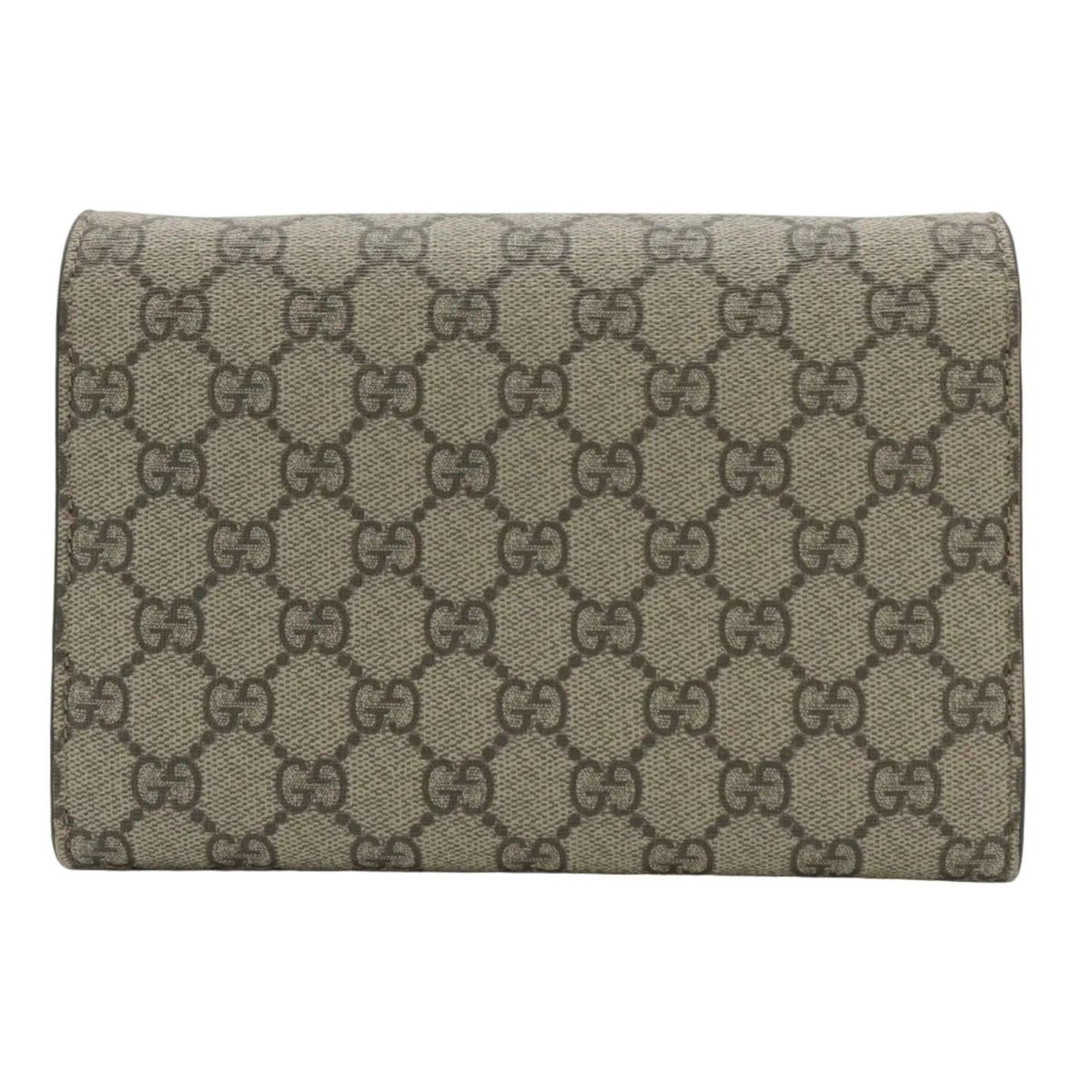 A Gucci monogram canvas wallet in beige and brown, shown closed against a plain light gray background.