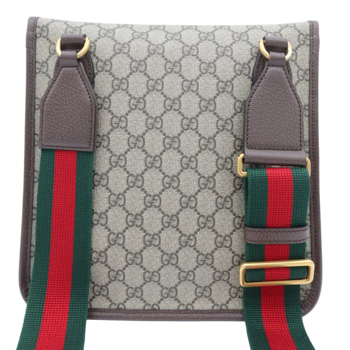 Gucci shoulder bag in GG Supreme canvas with brown leather trim, gold-tone hardware, and a signature green and red web stripe detail on the strap, shown against a plain white background.