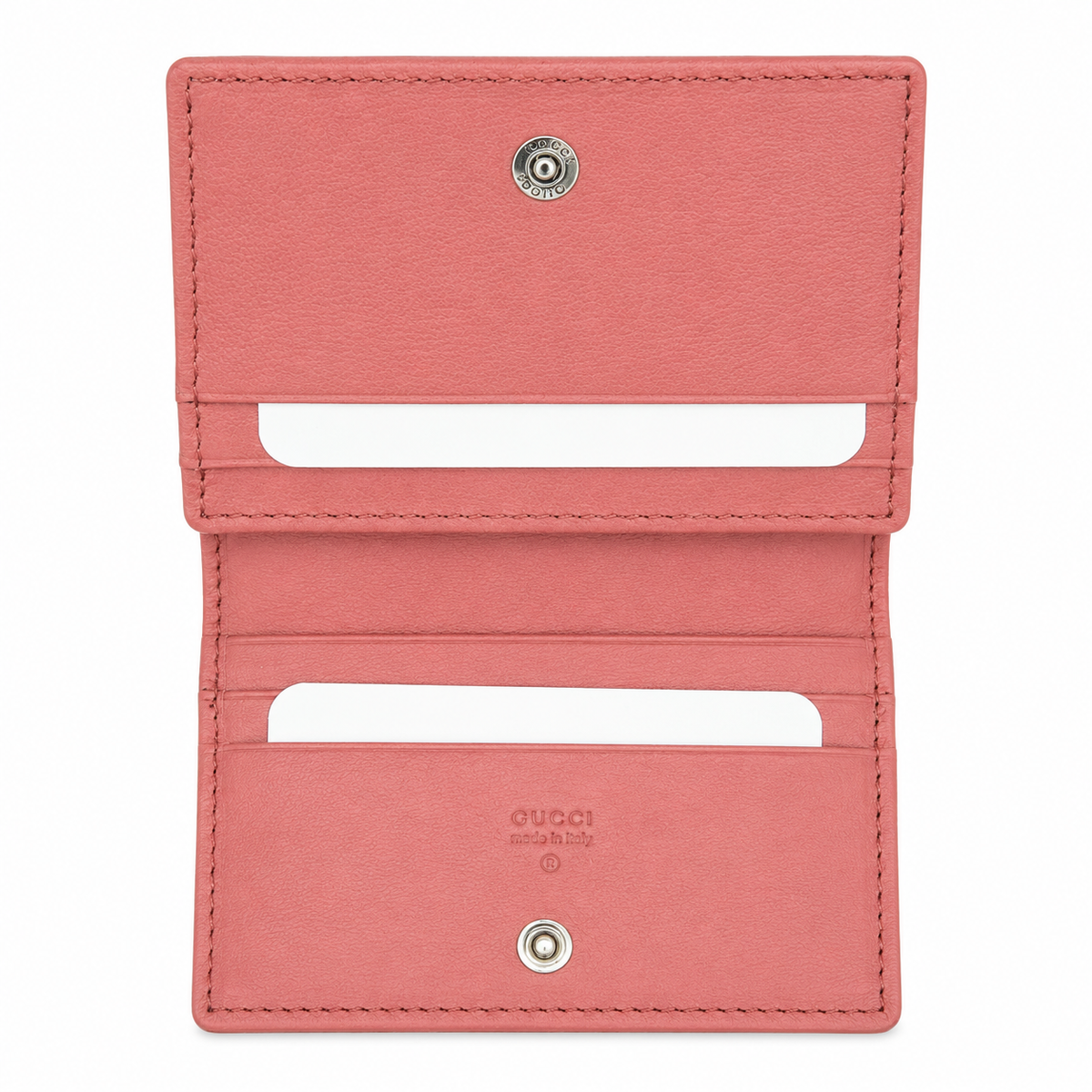 Gucci Pink Leather Card Holder Wallet with Interlocking GG Logo & Snap Closure – a coral pink Gucci leather cardholder