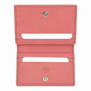Gucci Pink Leather Card Holder Wallet with Interlocking GG Logo & Snap Closure – a coral pink Gucci leather cardholder