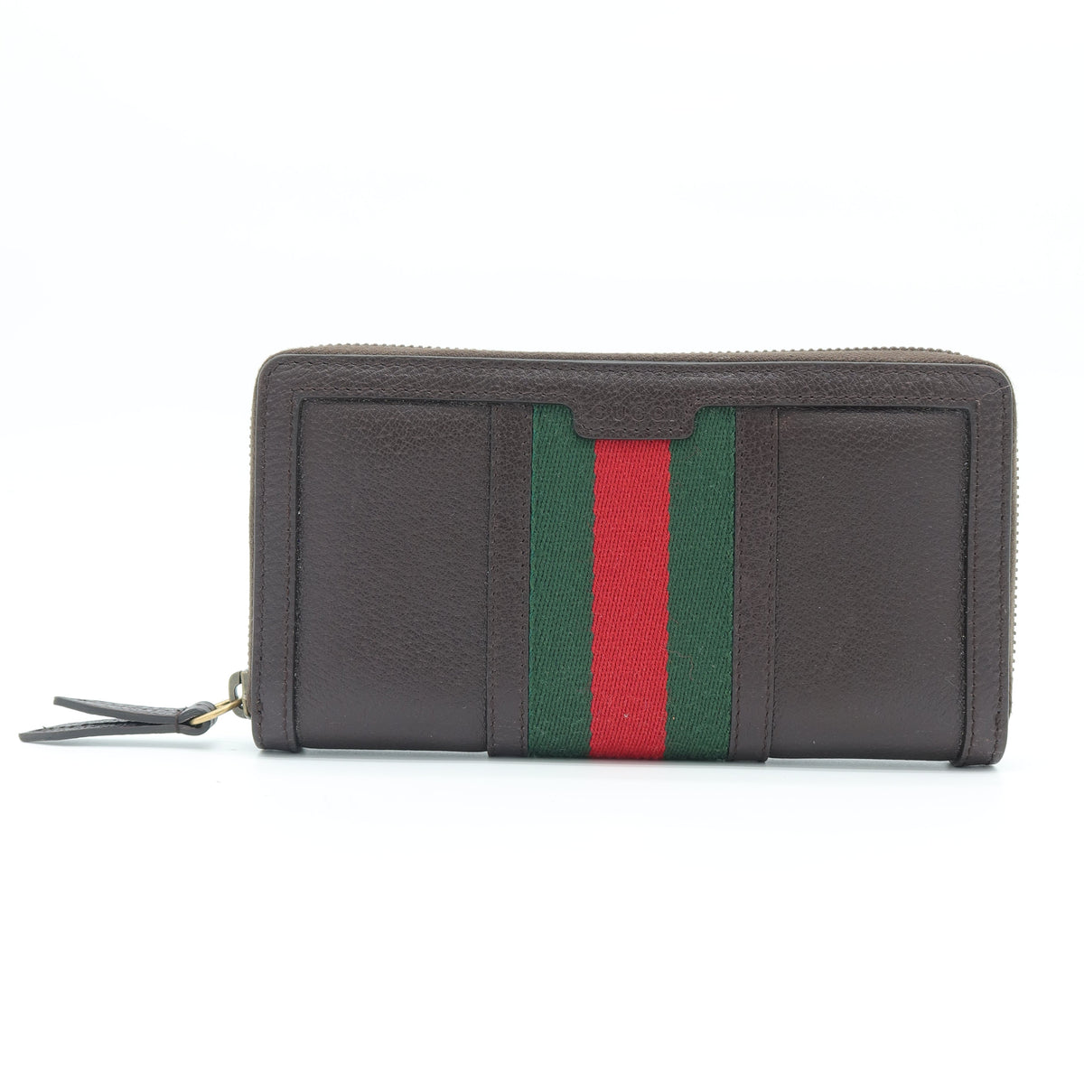 A dark brown leather zip-around wallet featuring the signature green and red web stripe on the front, shown against a plain white background.