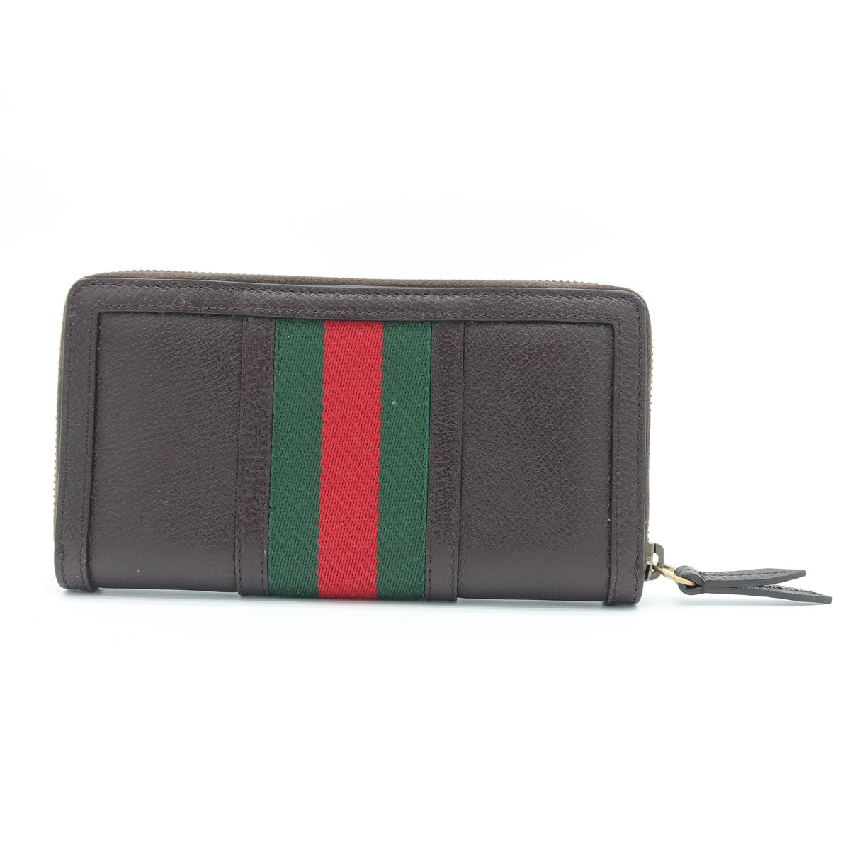 A dark brown leather zip-around wallet featuring the signature green and red web stripe across the front, shown on a plain white background.