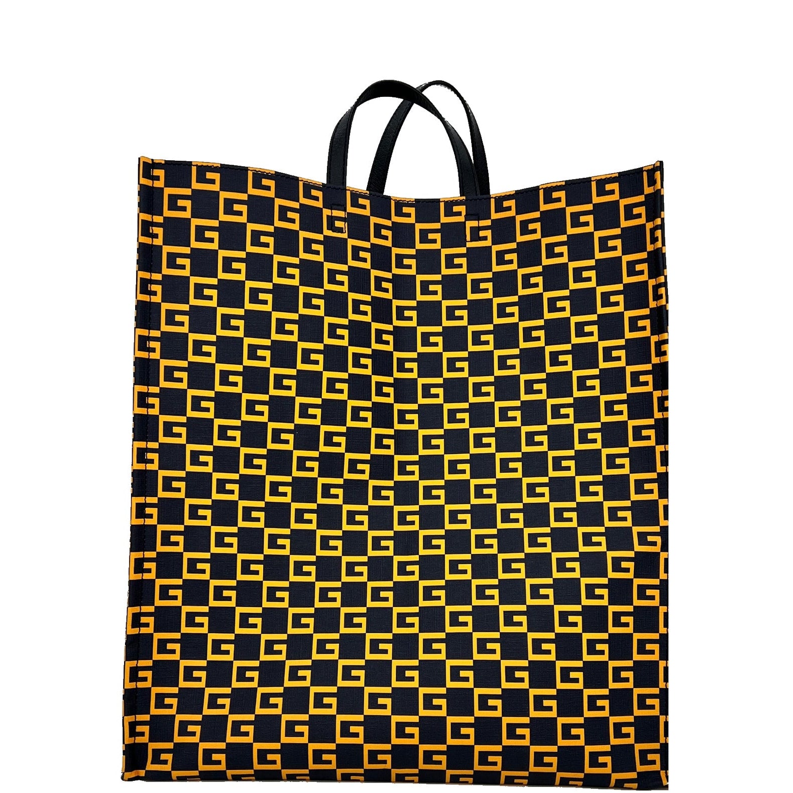 Reusable shopping bag with black and yellow pattern on a white background