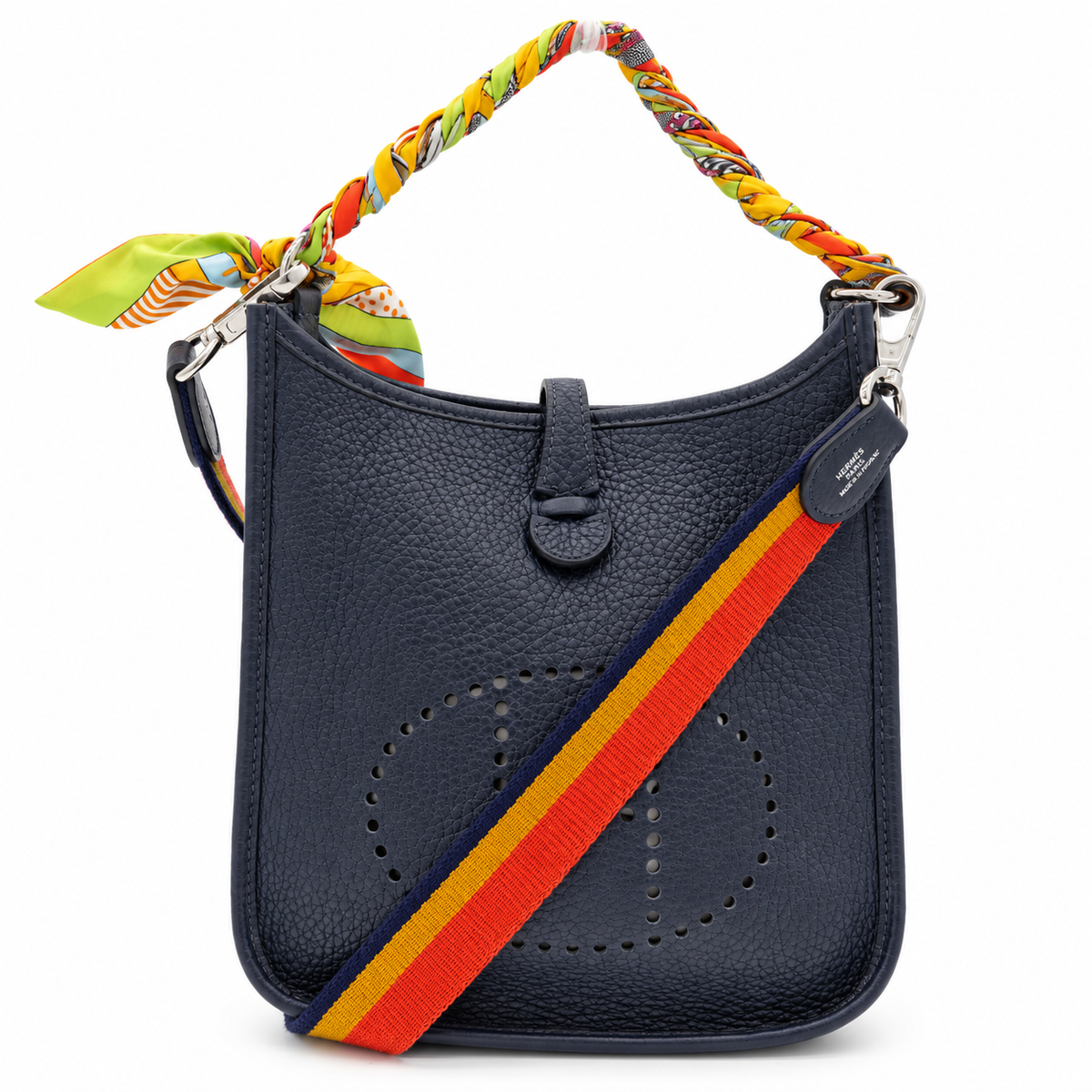 Hermès Evelyne TPM 16 Navy Blue Leather Crossbody Bag with Strap & Twilly