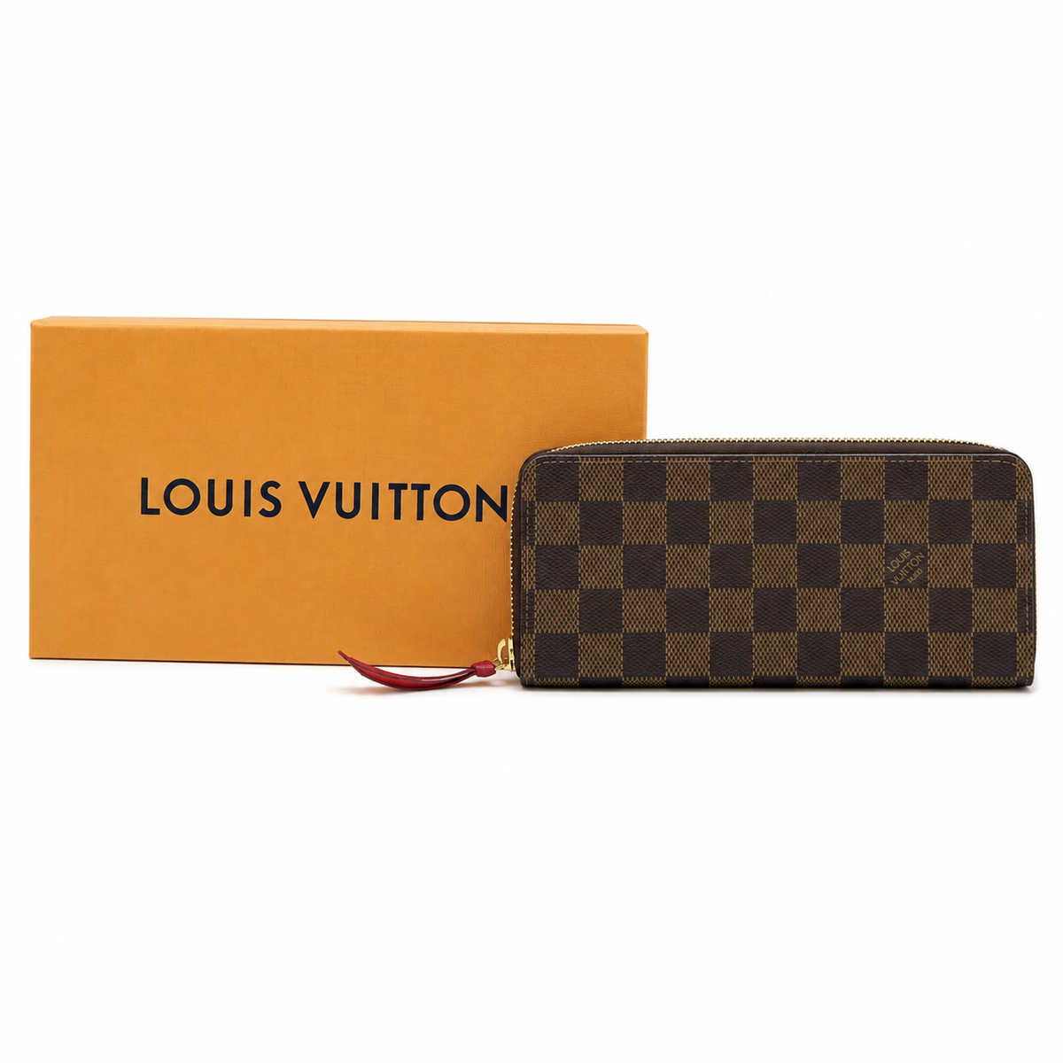 Louis Vuitton Damier Ebene Zip-Around Wallet with Red Leather Pull – additional photo 2