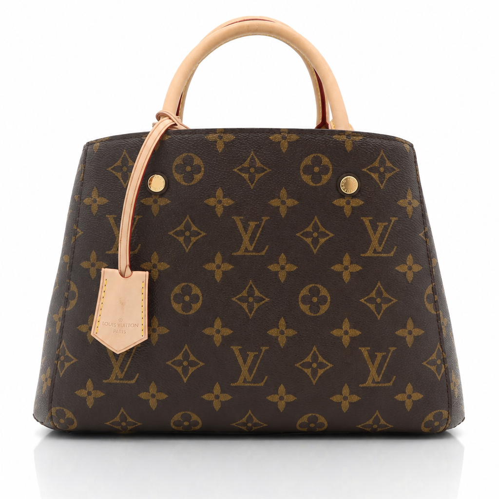 Louis Vuitton monogram canvas handbag with light tan leather handles and a matching hanging tag, shown on a clean white background.