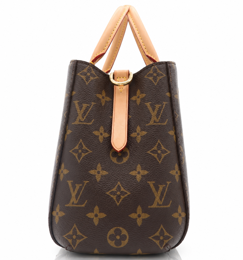 Side view of Louis Vuitton Montaigne BB handbag in brown Monogram canvas with natural leather trim and gold-tone hardware