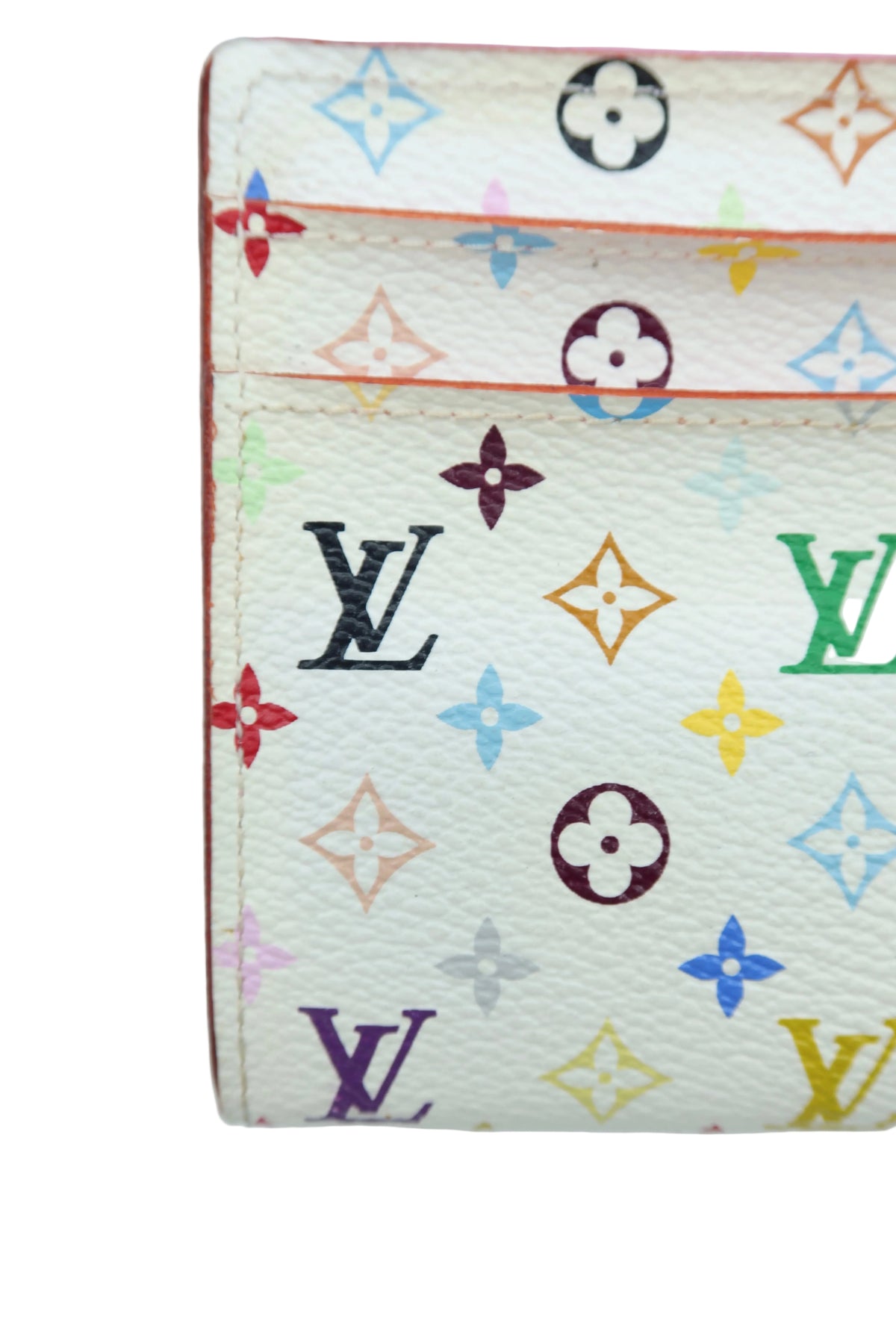 Louis Vuitton Multicolor Monogram White Long Wallet – Fair Condition – Close-up of a Louis Vuitton monogram wallet or card