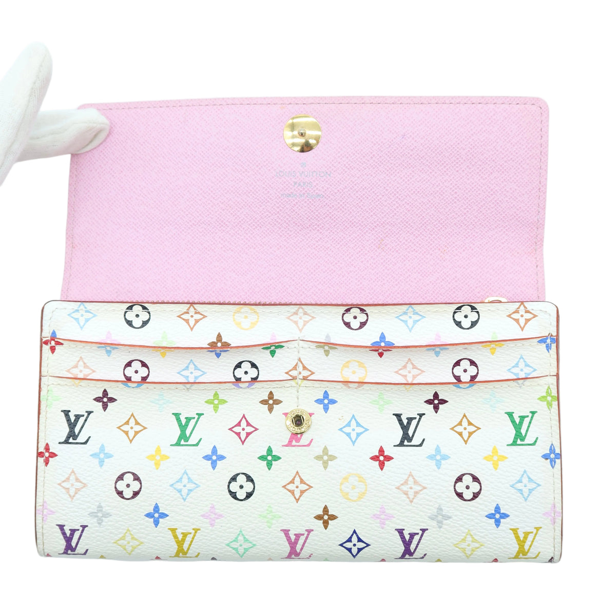 Louis Vuitton Multicolor Monogram White Long Wallet – Fair Condition – a Louis Vuitton monogram wallet or clutch shown open