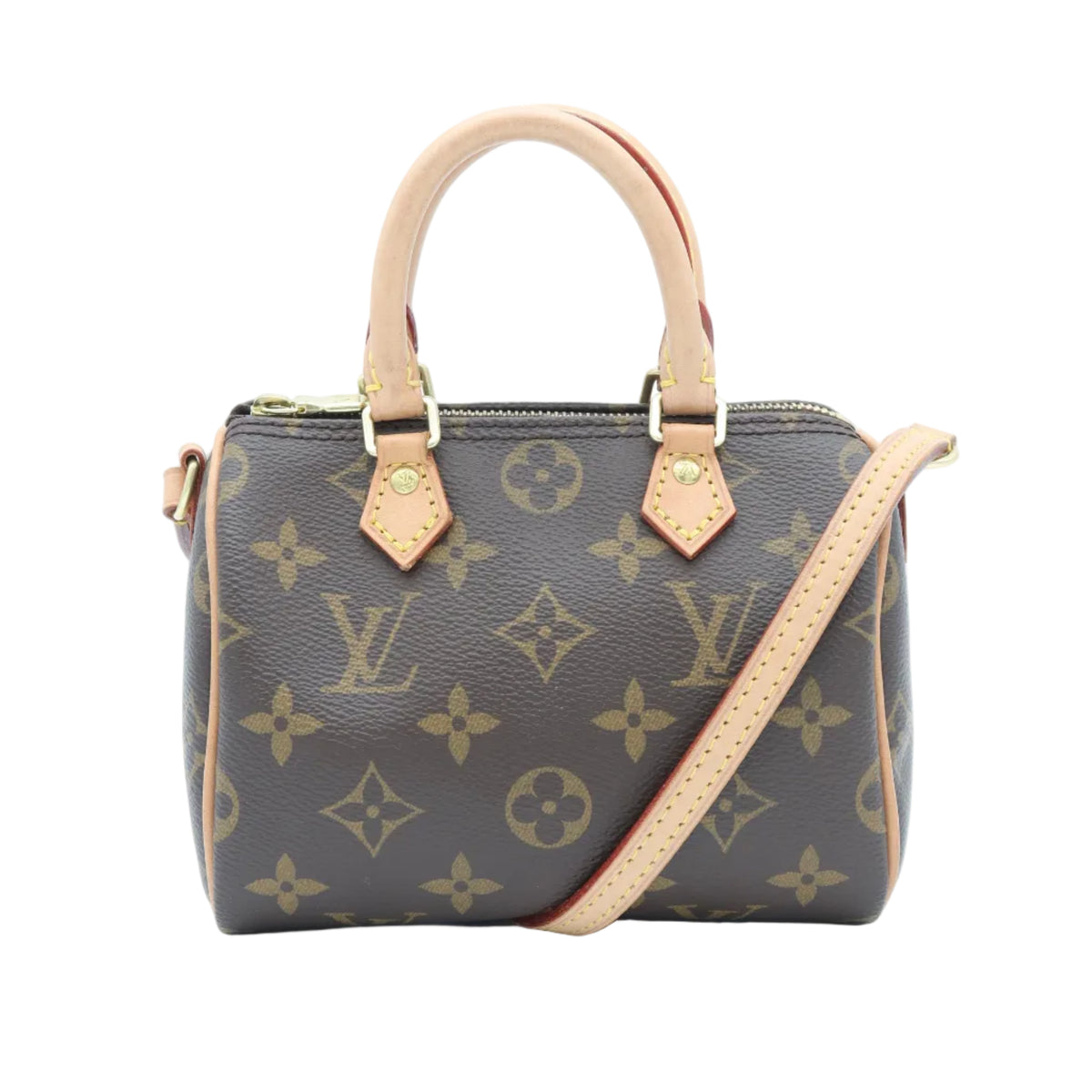Louis Vuitton monogram canvas handbag with tan leather top handles and a matching shoulder strap, shown on a plain white background.