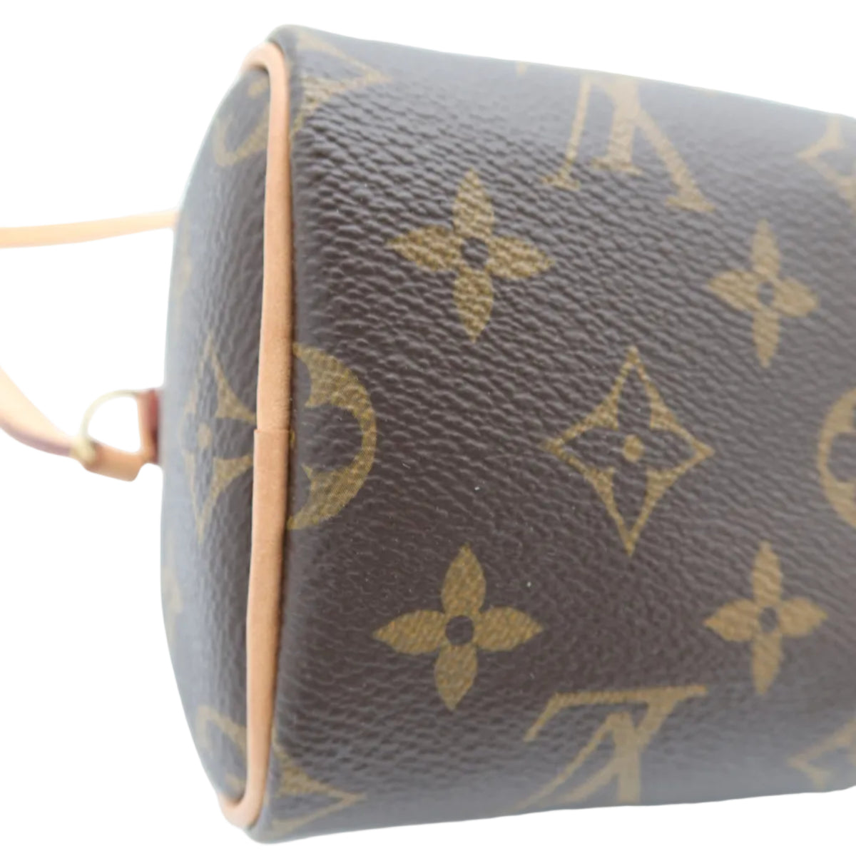 Close-up of a Louis Vuitton monogram pouch or small bag in brown coated canvas with tan leather trim, shown on a white background.