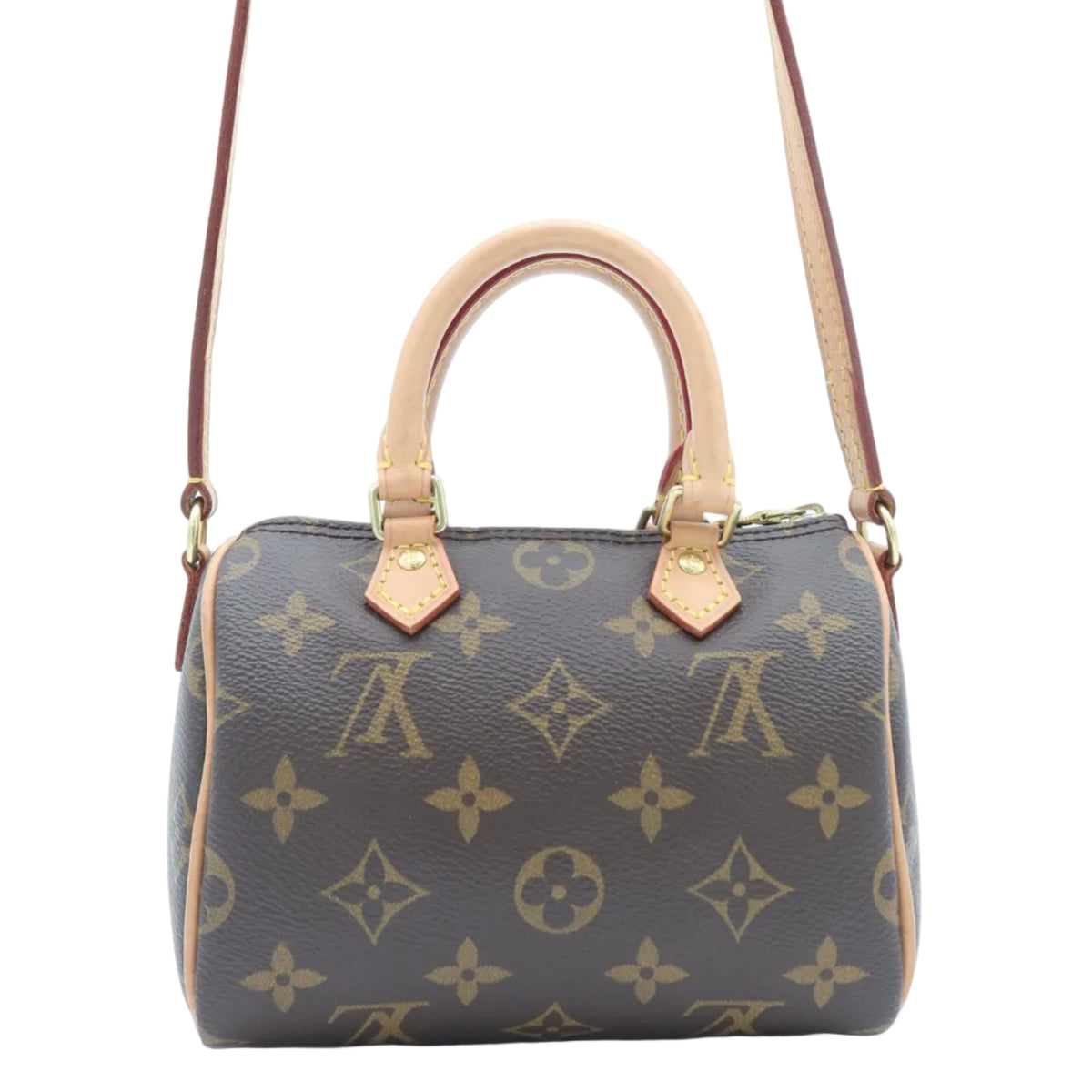 A Louis Vuitton monogram canvas duffle bag with tan leather handles and a matching shoulder strap, shown against a plain white background.