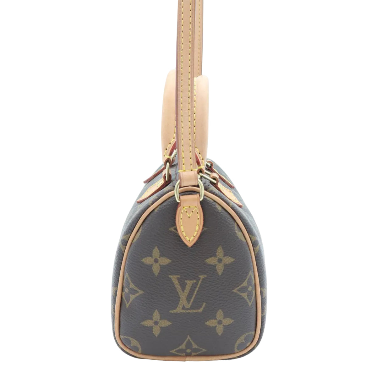 Louis Vuitton monogram mini Speedy bag in brown coated canvas with tan leather trim and shoulder strap, shown against a plain white background.