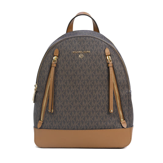 Front view of Michael Kors Brooklyn Medium Pebbled Leather Backpack in Brown/Acorn, featuring a sleek design and spacious compartments.