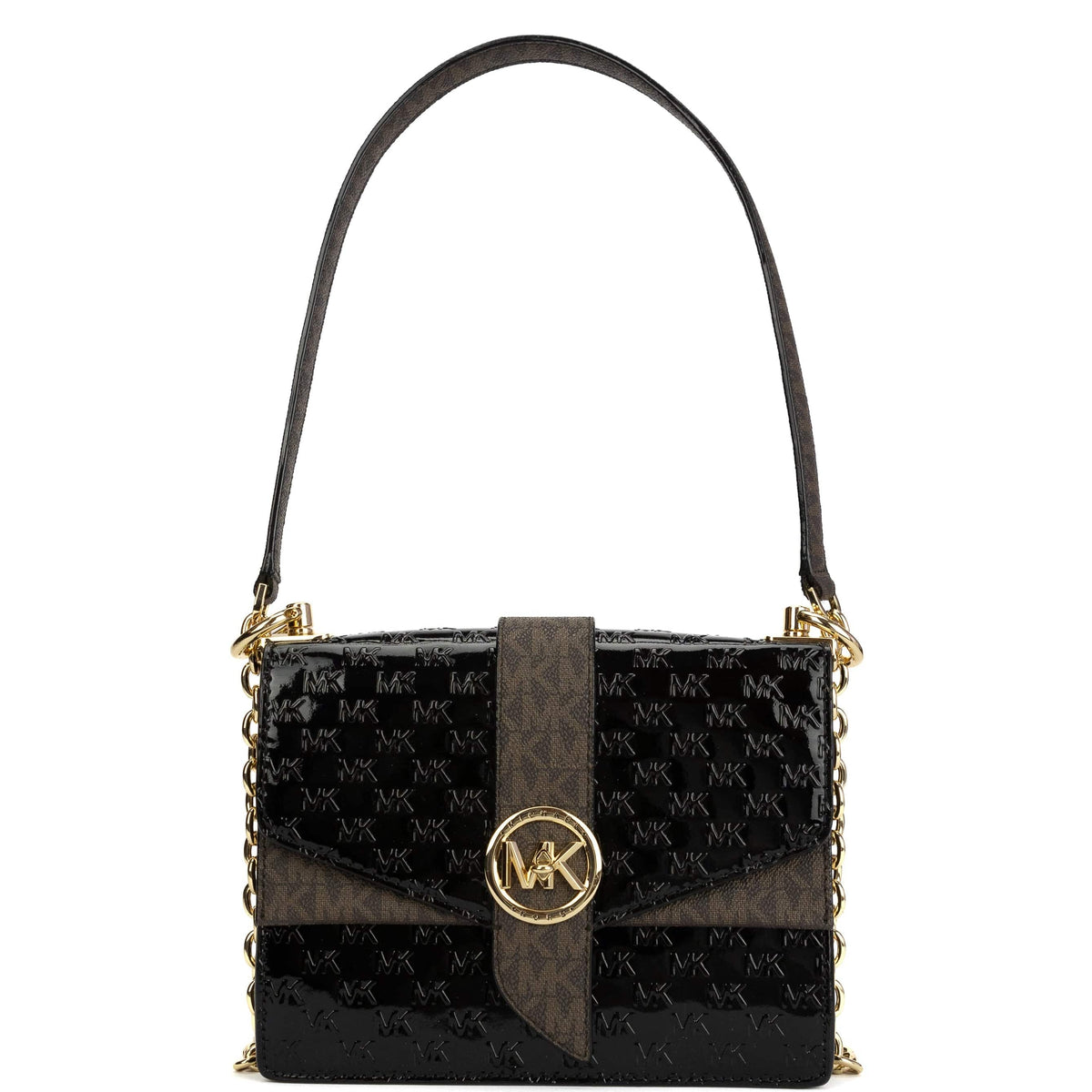 Michael Kors Greenwich Extra-Small Logo Embossed Patent Leather Crossbody Bag - Black/Acorn – a Michael Kors Greenwich