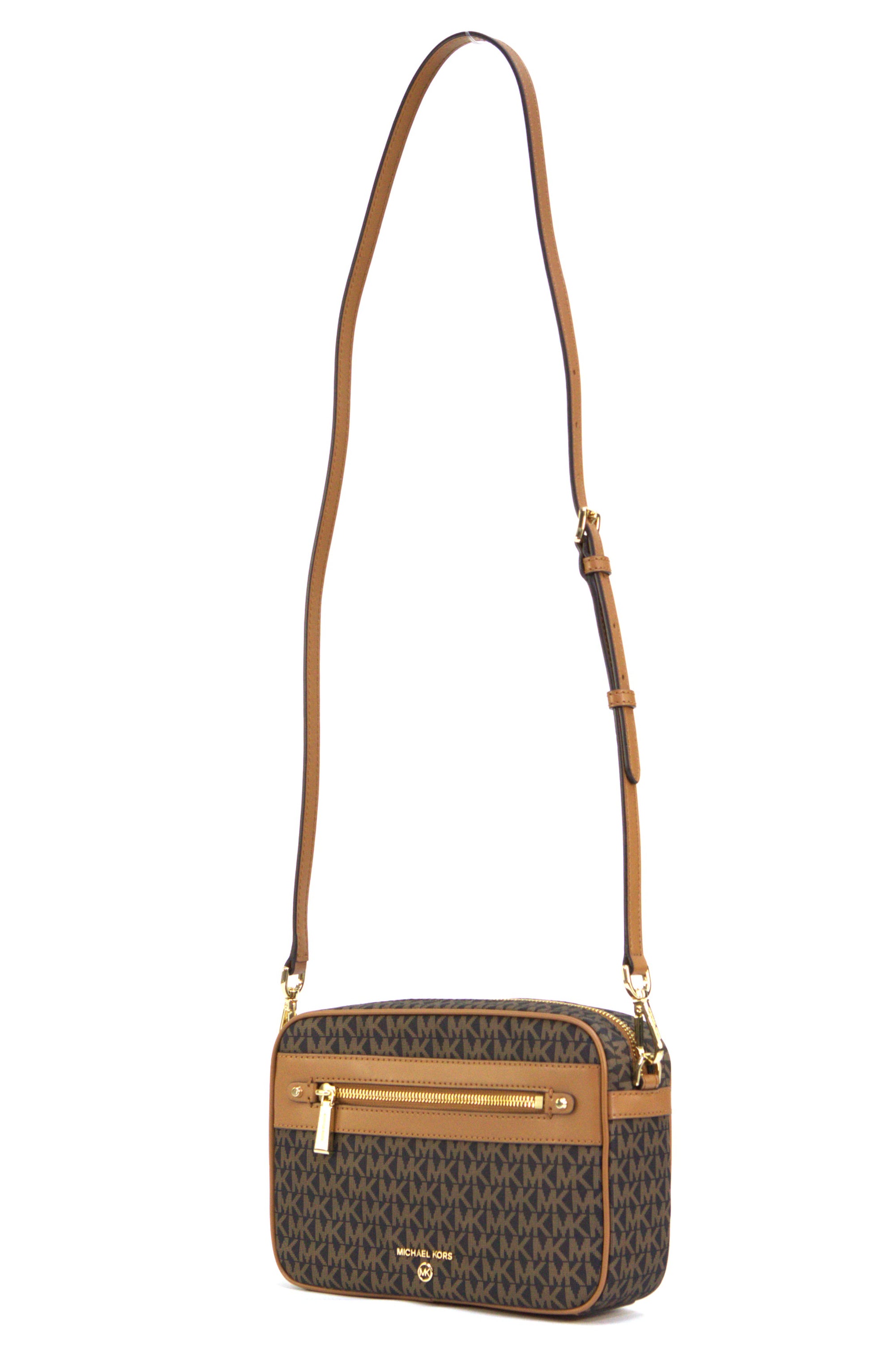 Close-up of the adjustable strap on the Michael Kors Jet Set Charm Crossbody in Brown/Acorn, featuring gold-tone hardware and premium leather design.
