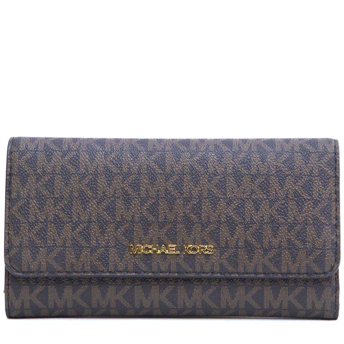 Michael Kors Jet Set Travel Large Trifold Wallet - Brown – Blue wallet with gold logo on a white background