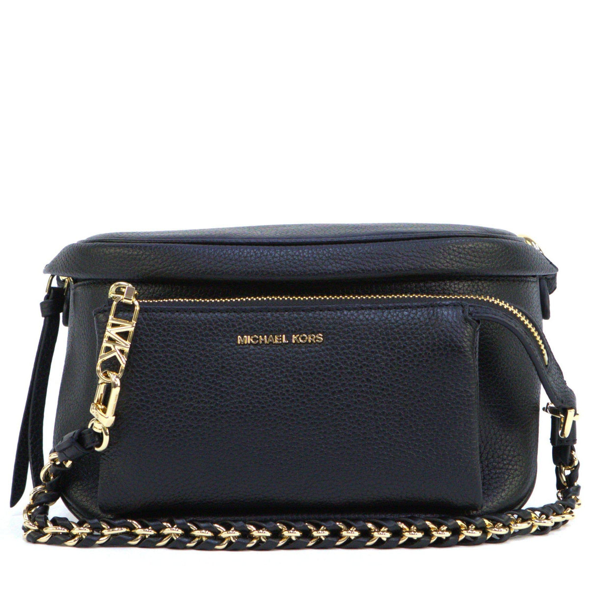 Michael Kors Slater Medium Pebbled Leather Sling Pack - Black – Black handbag with gold chain detail on a white background