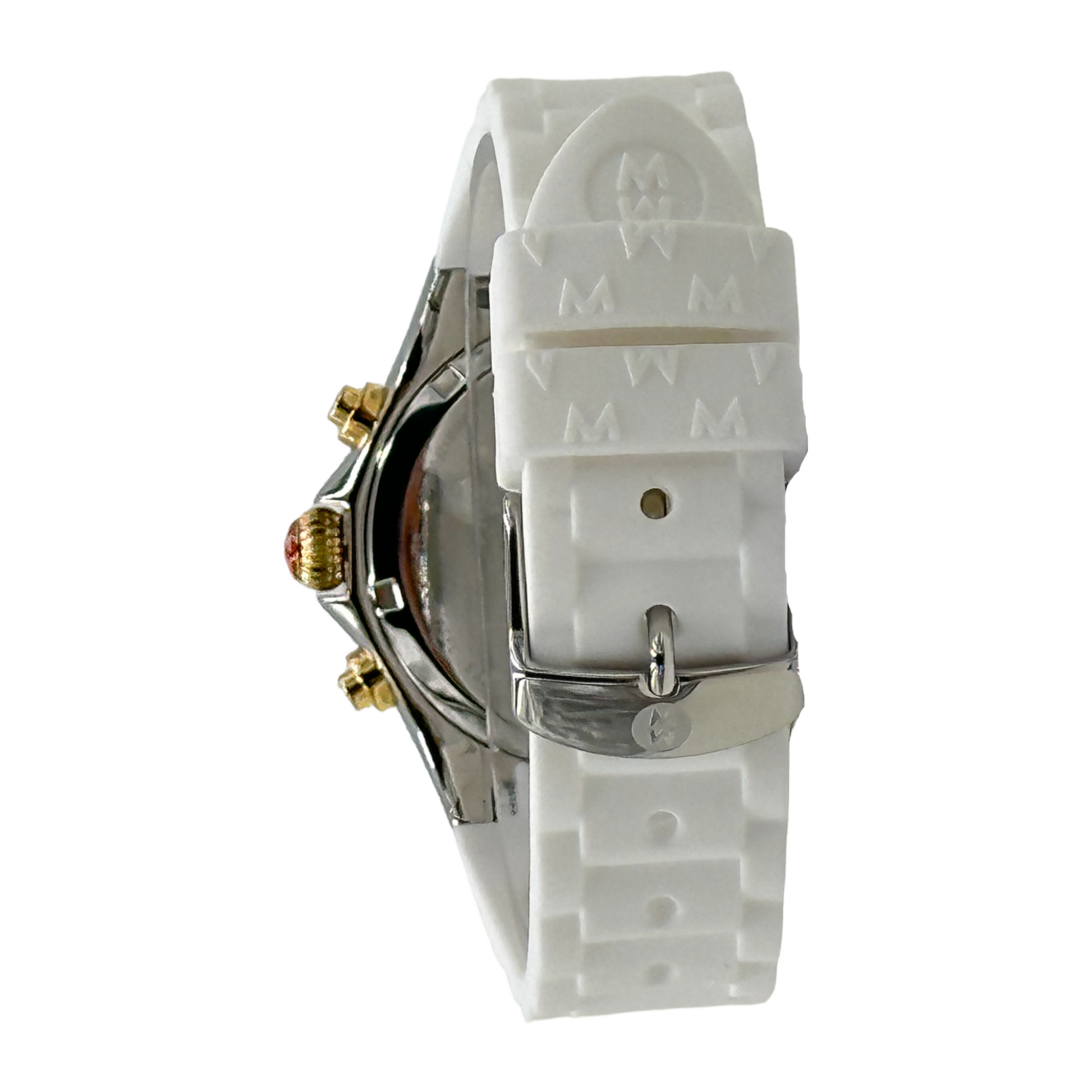 Back view of the Michele Jellybean Chronograph Watch showcasing the white silicone strap, stainless steel case, and engraved Michele logo for a luxury finish.