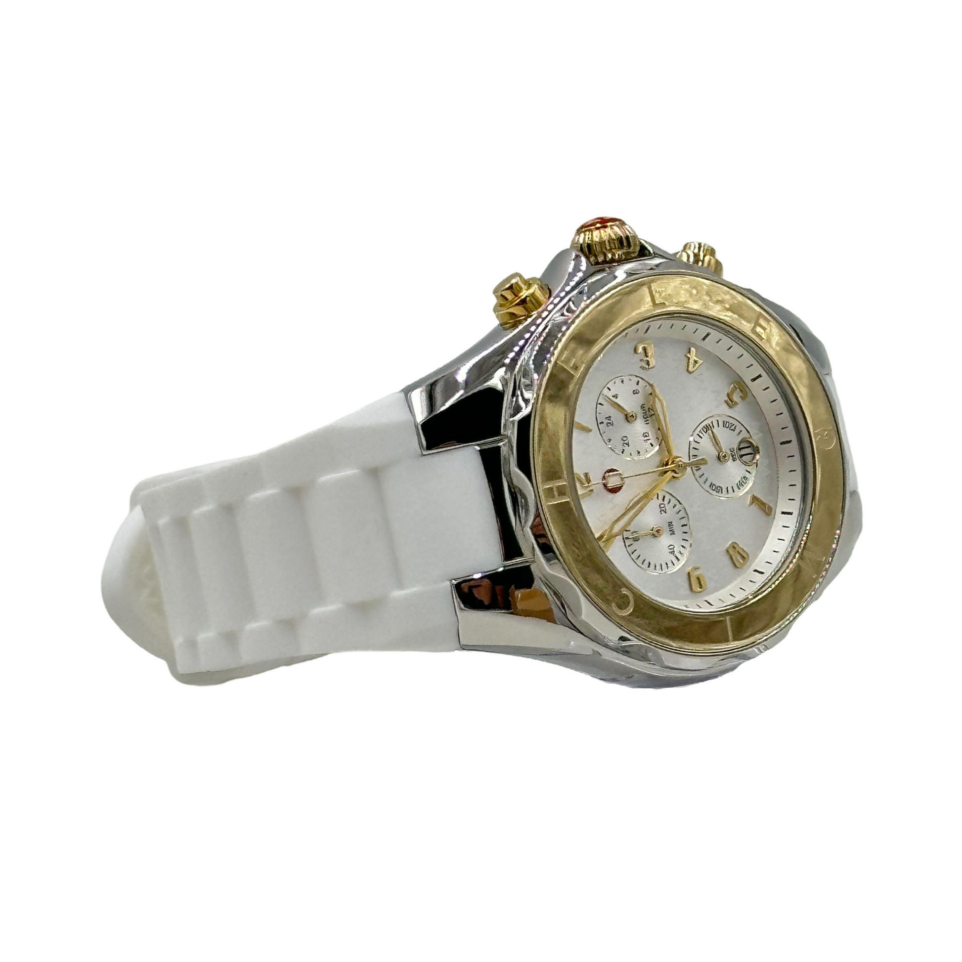 Michele Jellybean Chronograph Watch laying on its side, highlighting the two-tone stainless steel case, white silicone strap, and elegant Swiss design