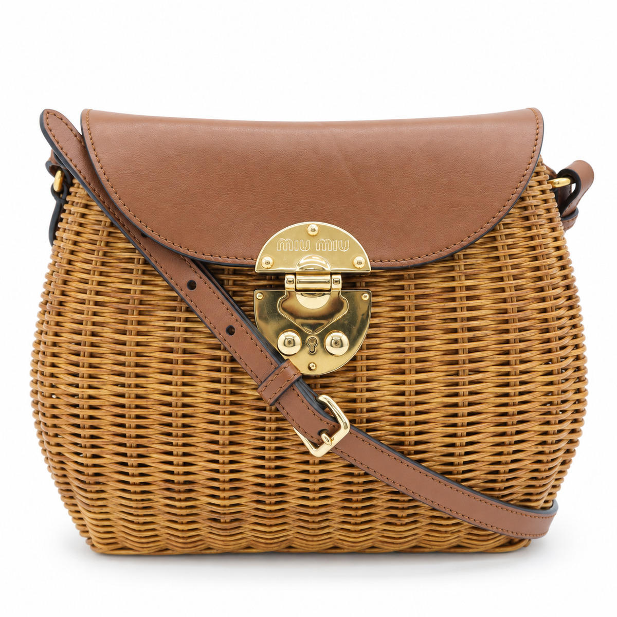 Miu Miu Straw & Leather-Trim Crossbody Bag – Natural/Tan with Gold-Tone Hardware