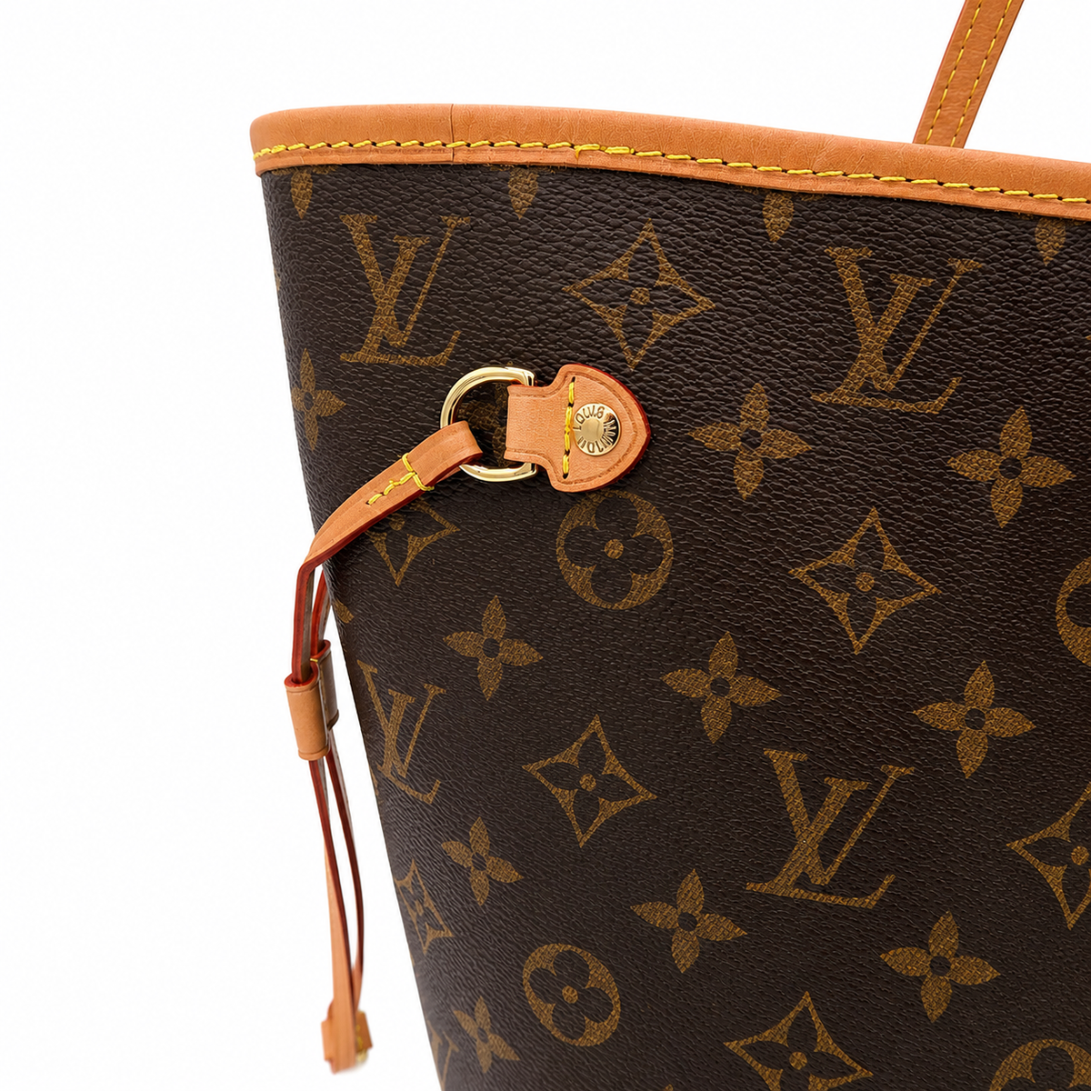 Pre-Owned Louis Vuitton Monogram Tote Bag – Brown – Close-up of a Louis Vuitton monogram tote bag in dark brown coated