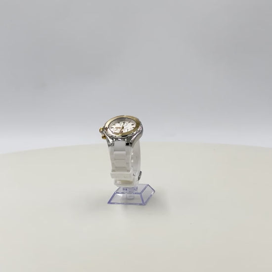 Michele Jellybean Chronograph Watch video showcasing its two-tone stainless steel case, white silicone strap, Swiss quartz movement, and elegant design