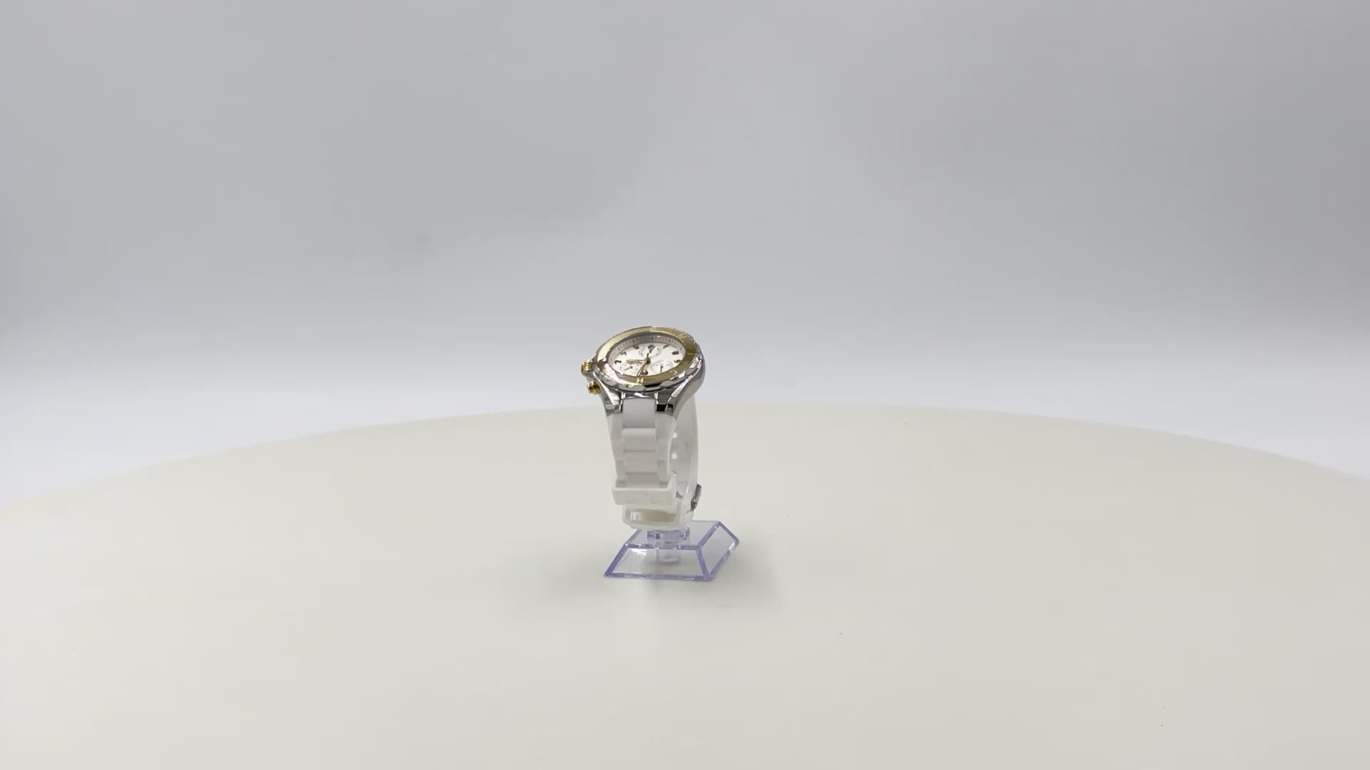 Michele Jellybean Chronograph Watch video showcasing its two-tone stainless steel case, white silicone strap, Swiss quartz movement, and elegant design