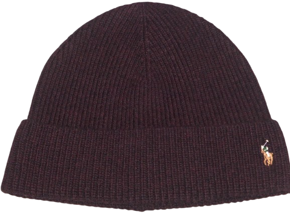 POLO RALPH LAUREN Men's Wool Rib Knit Pony Beanie Hat, Ski Cap, WINE BURGUNDY
