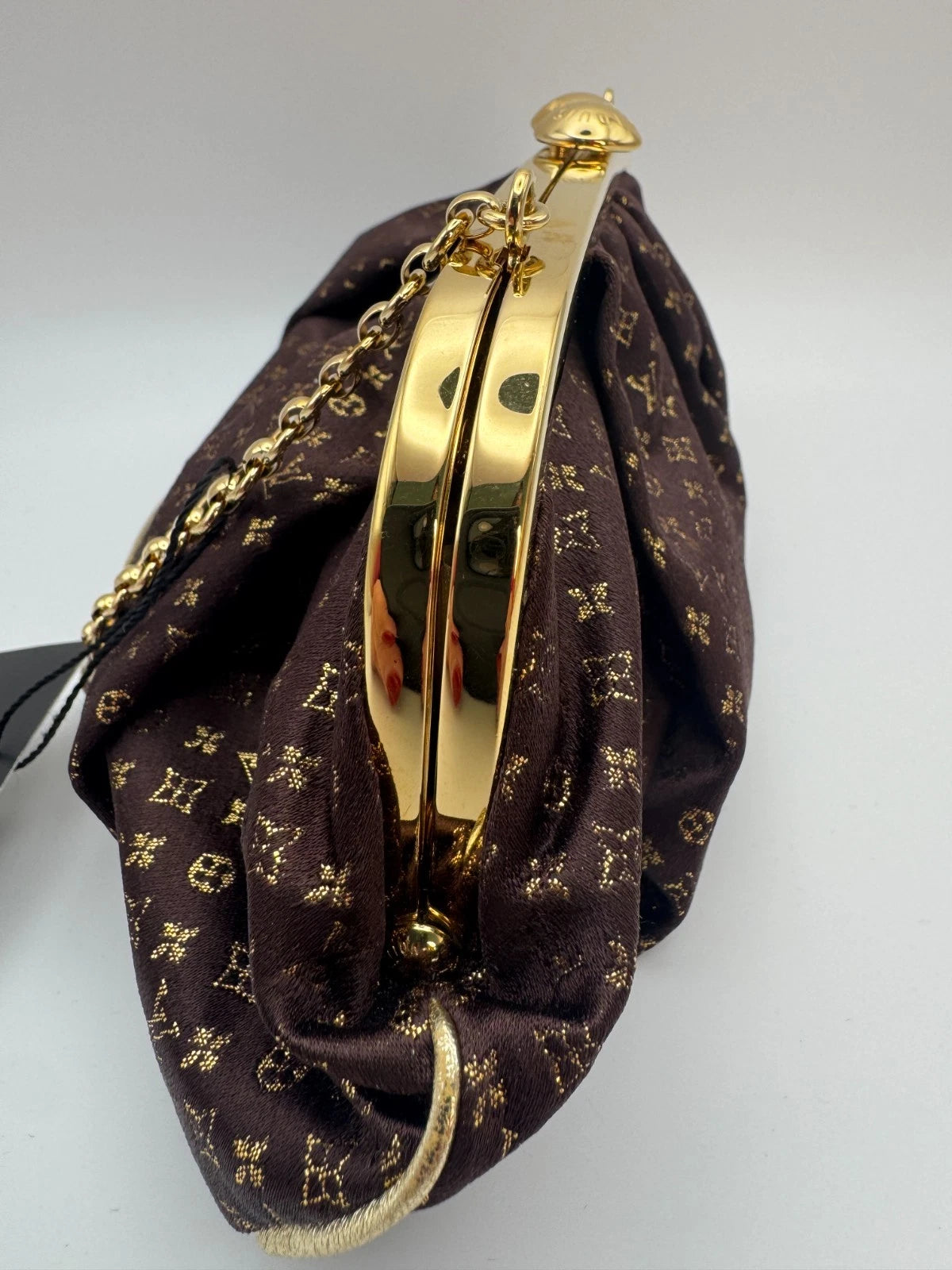 Louis Vuitton Monogram Satin Kiss Lock Clutch Evening Bag Brown Gold